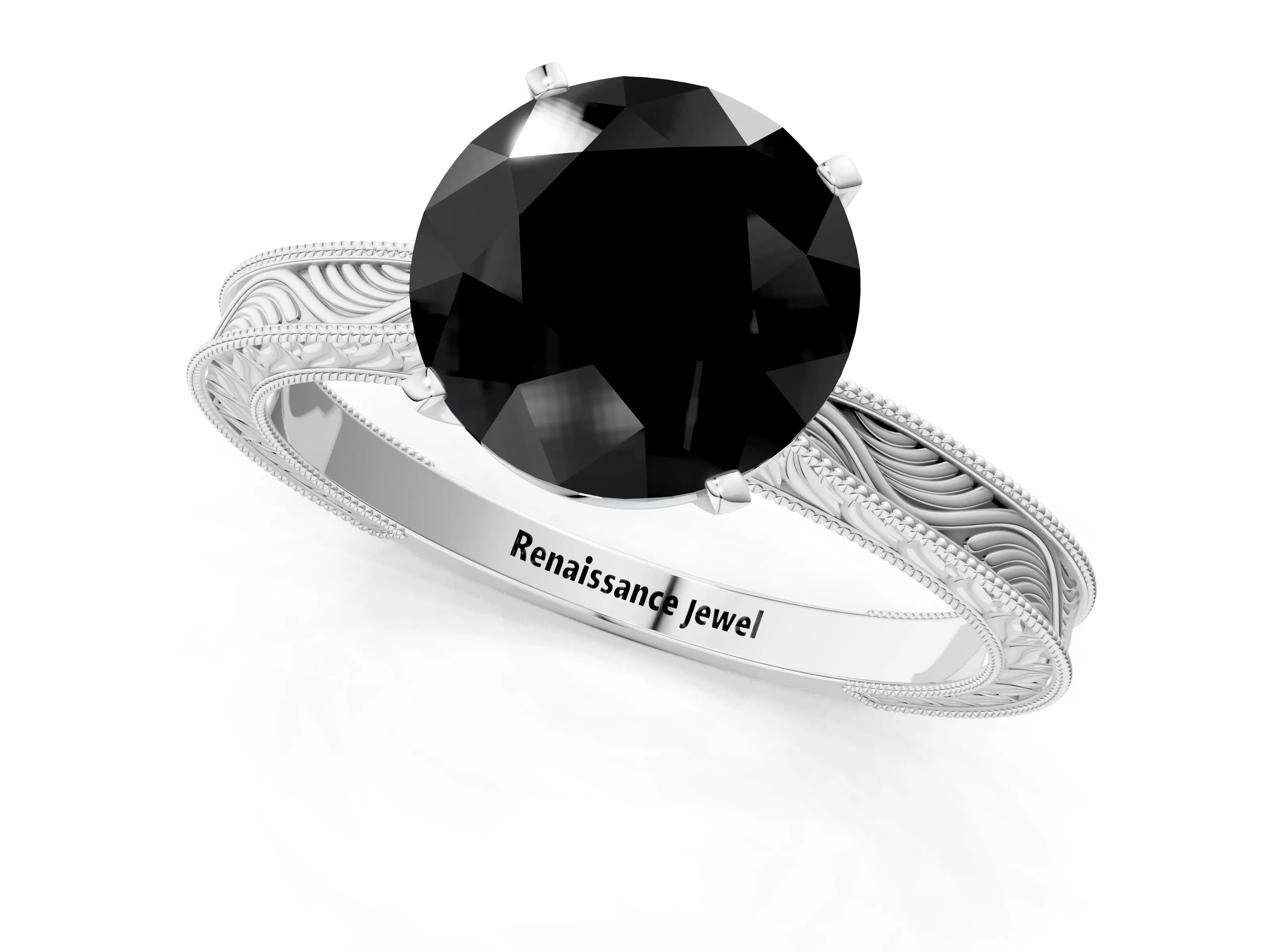 White gold Fancy Black Round Cut Solitaire Milgrain Engraved Band with Four-Prong Setting_13