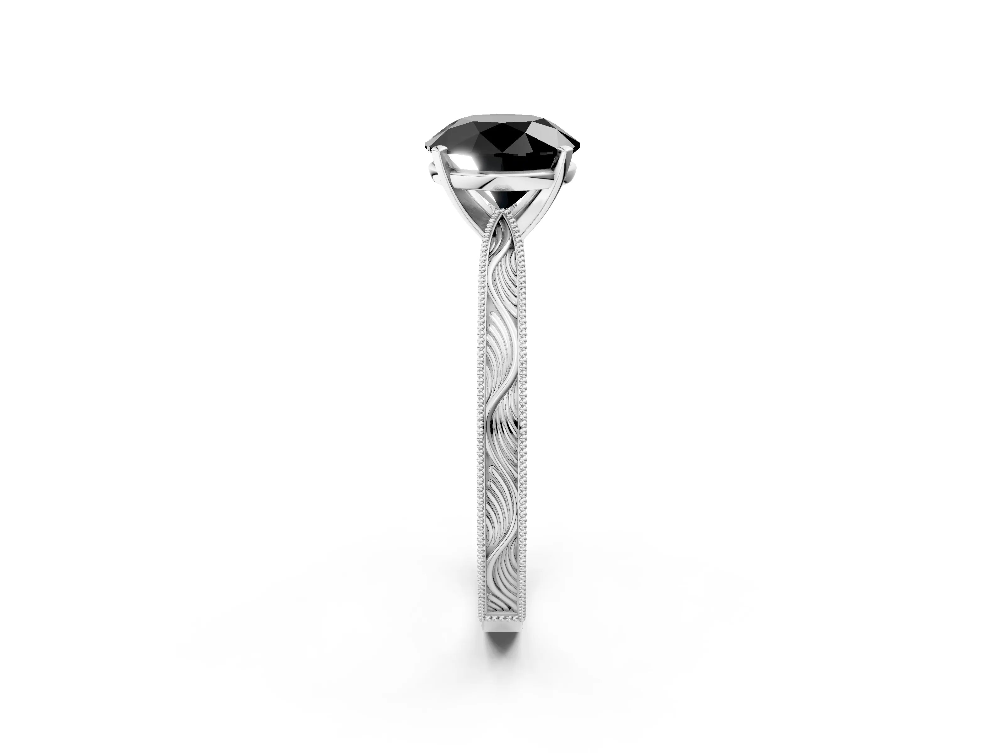White gold Fancy Black Round Cut Solitaire Milgrain Engraved Band with Four-Prong Setting_14