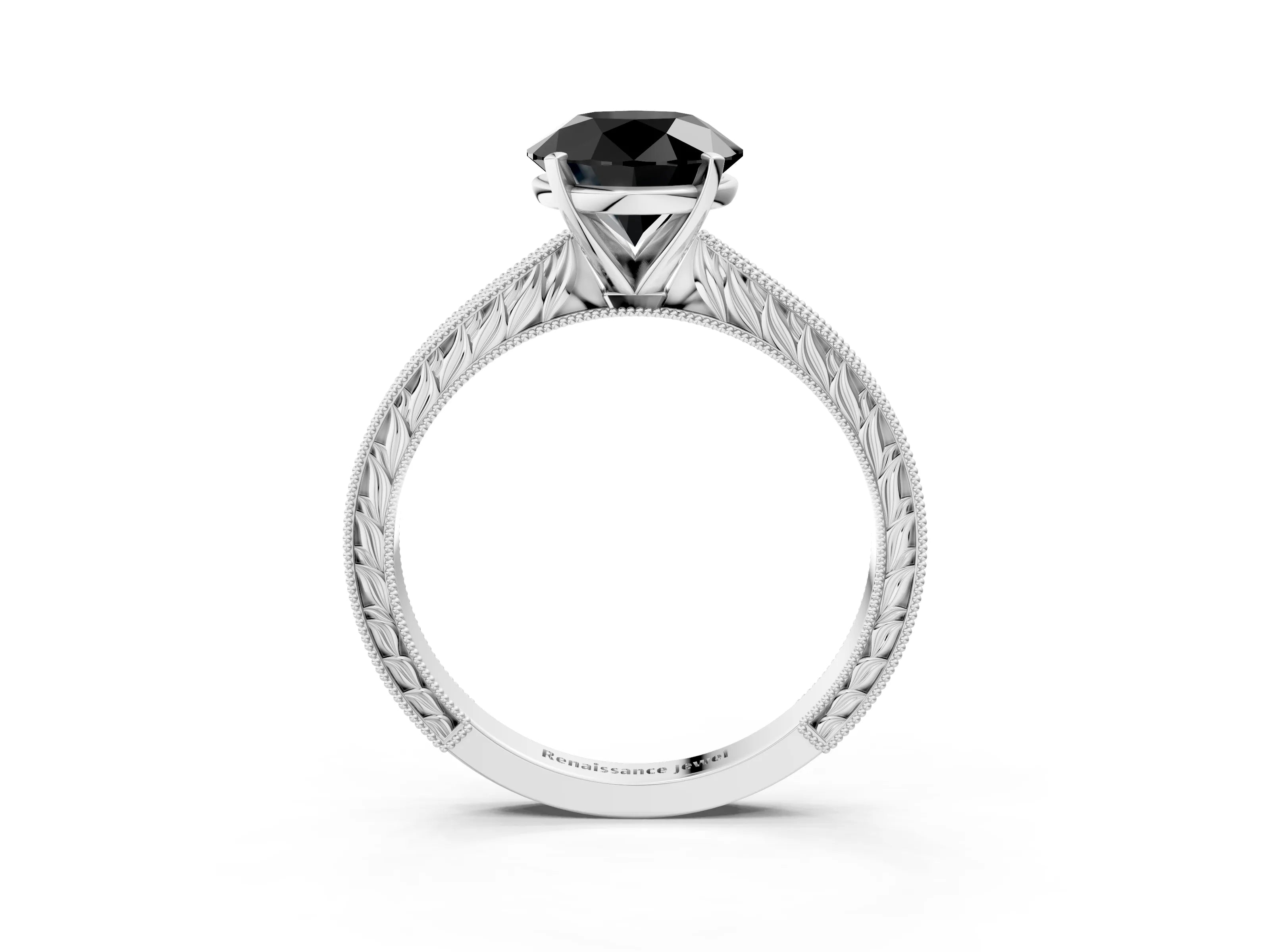 White gold Fancy Black Round Cut Solitaire Milgrain Engraved Band with Four-Prong Setting_15