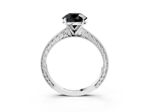 White gold Fancy Black Round Cut Solitaire Milgrain Engraved Band with Four-Prong Setting_15