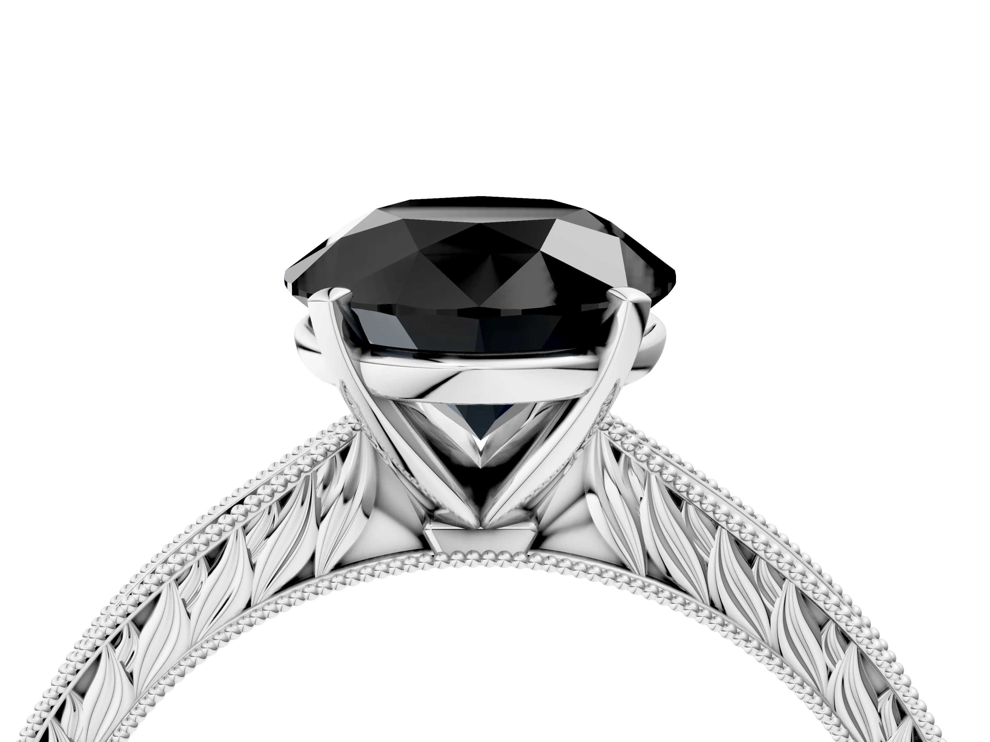 White gold Fancy Black Round Cut Solitaire Milgrain Engraved Band with Four-Prong Setting_16