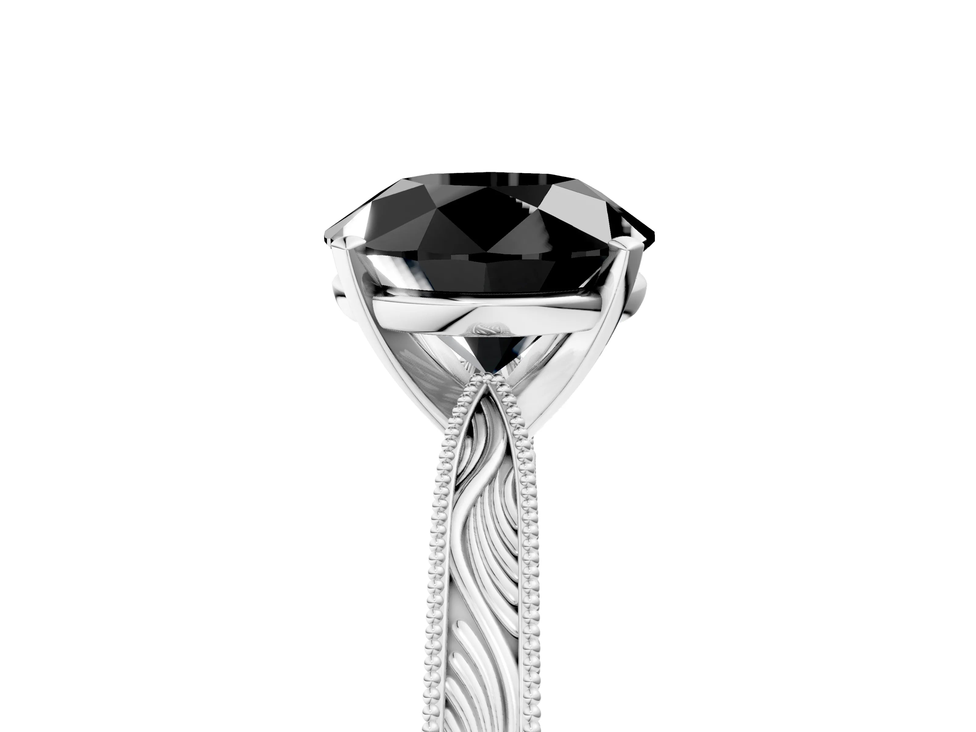 White gold Fancy Black Round Cut Solitaire Milgrain Engraved Band with Four-Prong Setting_17
