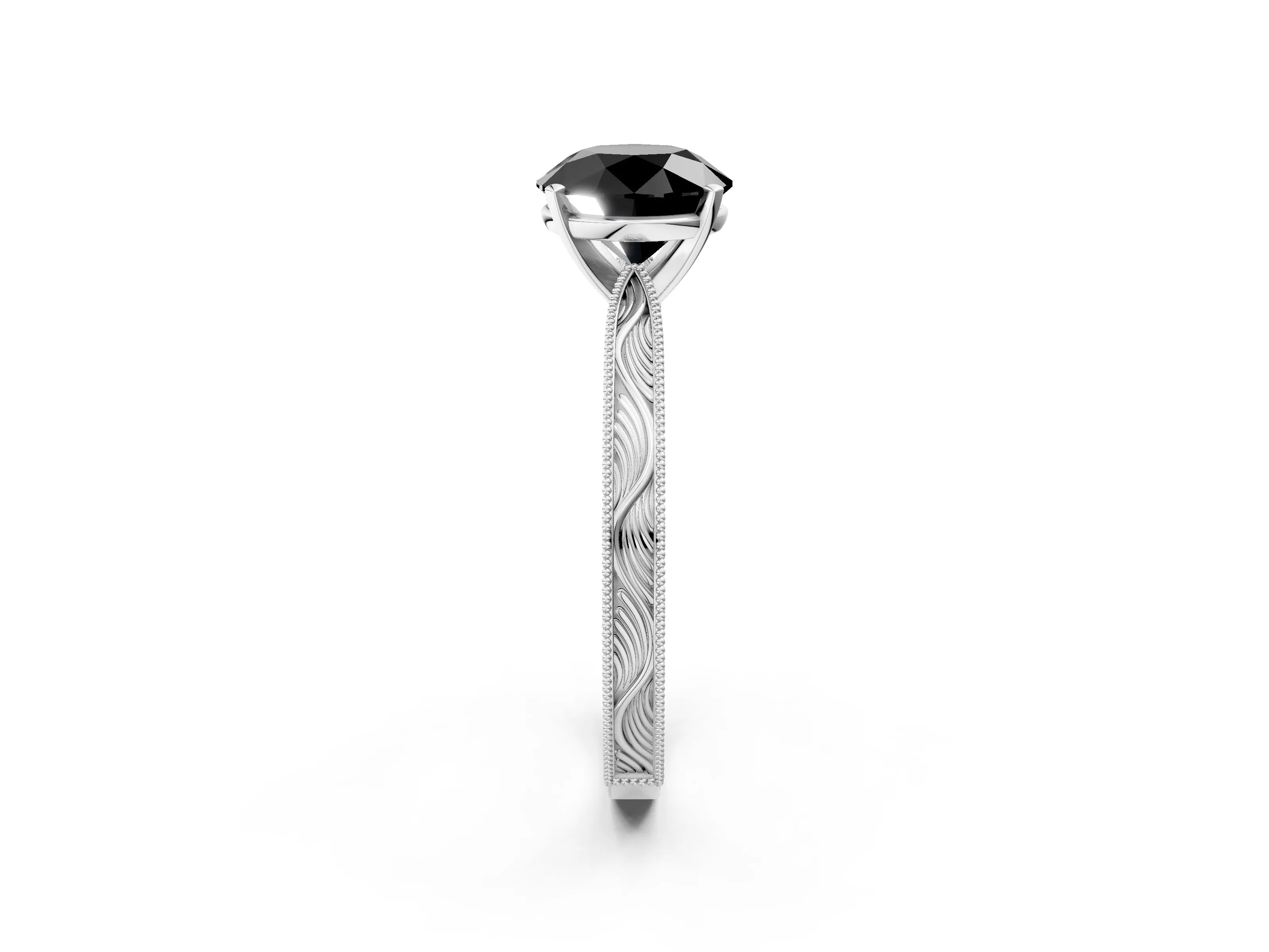 White gold Fancy Black Round Cut Solitaire Milgrain Engraved Band with Four-Prong Setting_2