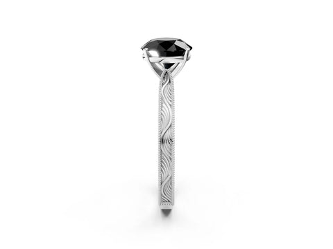 White gold Fancy Black Round Cut Solitaire Milgrain Engraved Band with Four-Prong Setting_2