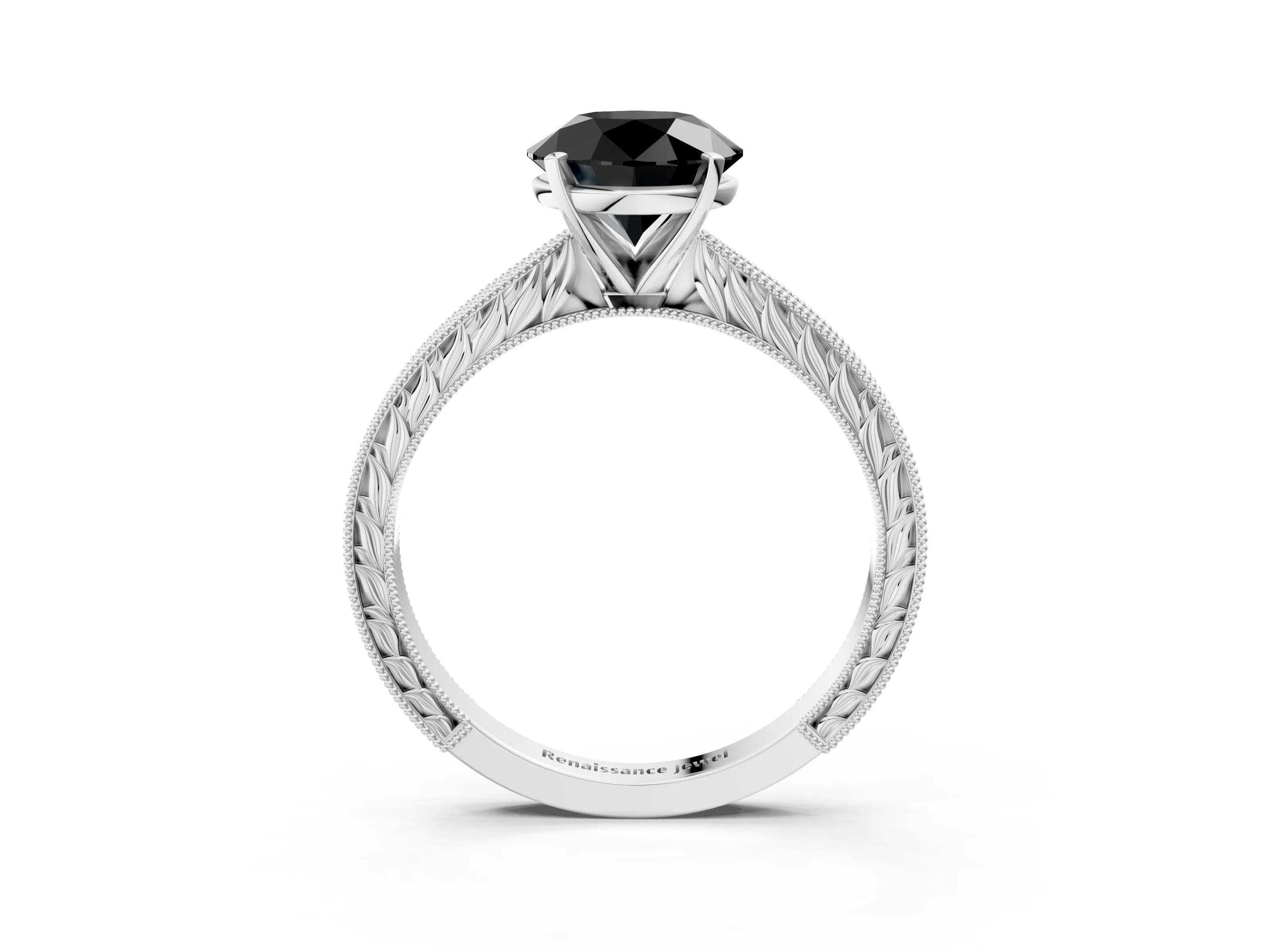 White gold Fancy Black Round Cut Solitaire Milgrain Engraved Band with Four-Prong Setting_3