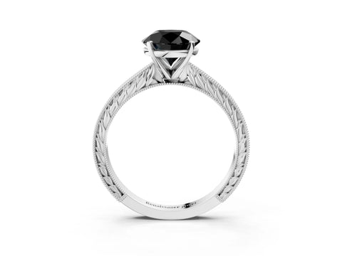White gold Fancy Black Round Cut Solitaire Milgrain Engraved Band with Four-Prong Setting_3