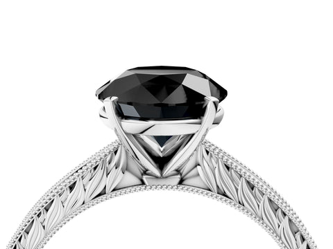 White gold Fancy Black Round Cut Solitaire Milgrain Engraved Band with Four-Prong Setting_4