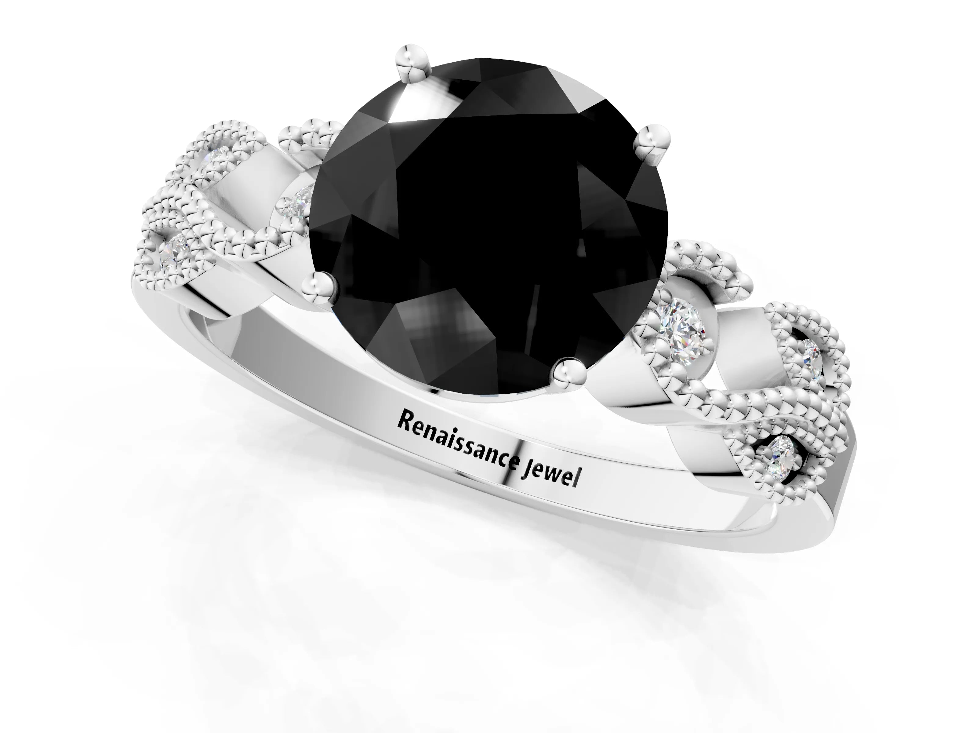 White gold Fancy Black Round Cut Solitaire Milgrain Leaf Band with Prong Setting_1