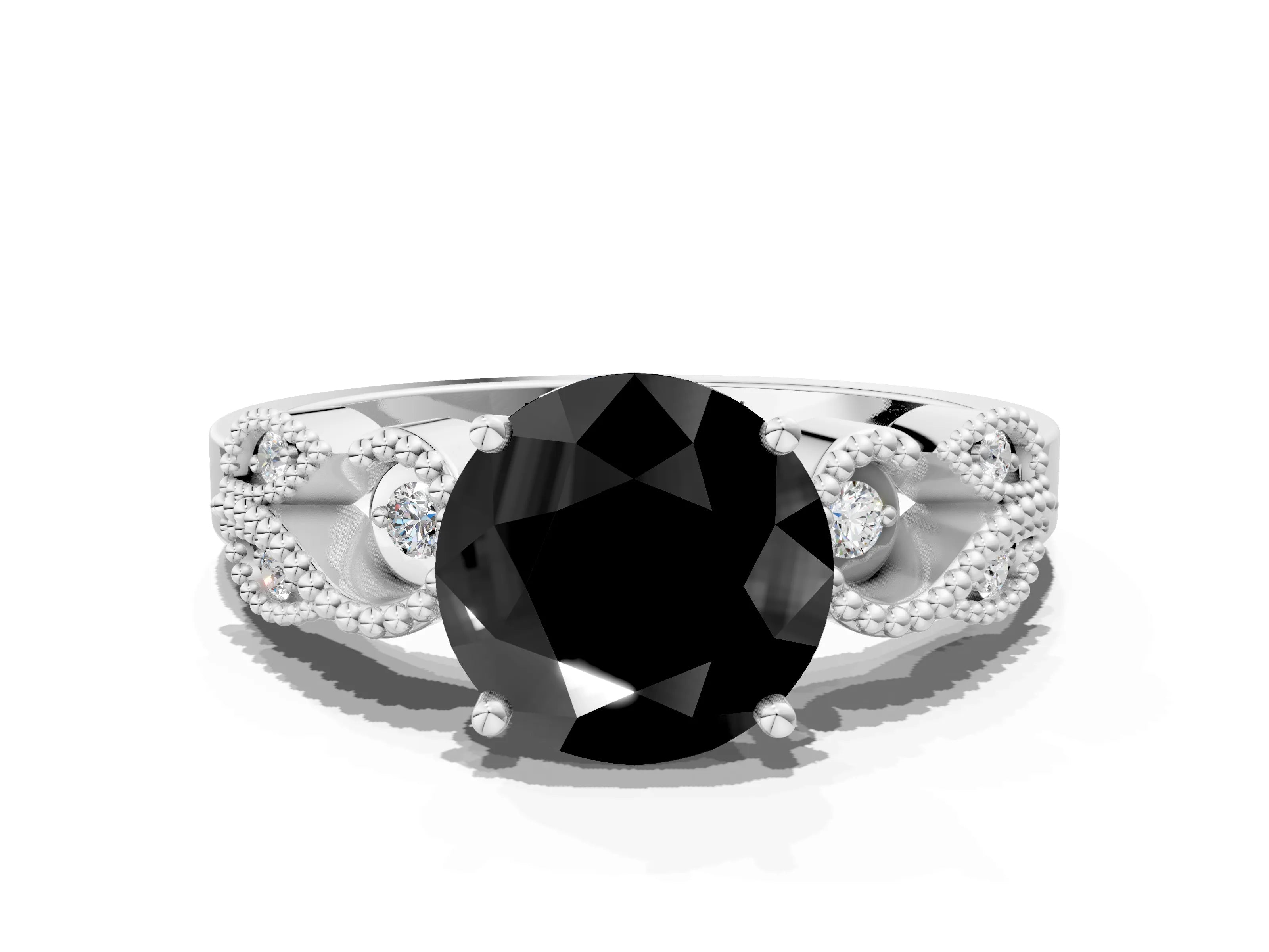 White gold Fancy Black Round Cut Solitaire Milgrain Leaf Band with Prong Setting_12