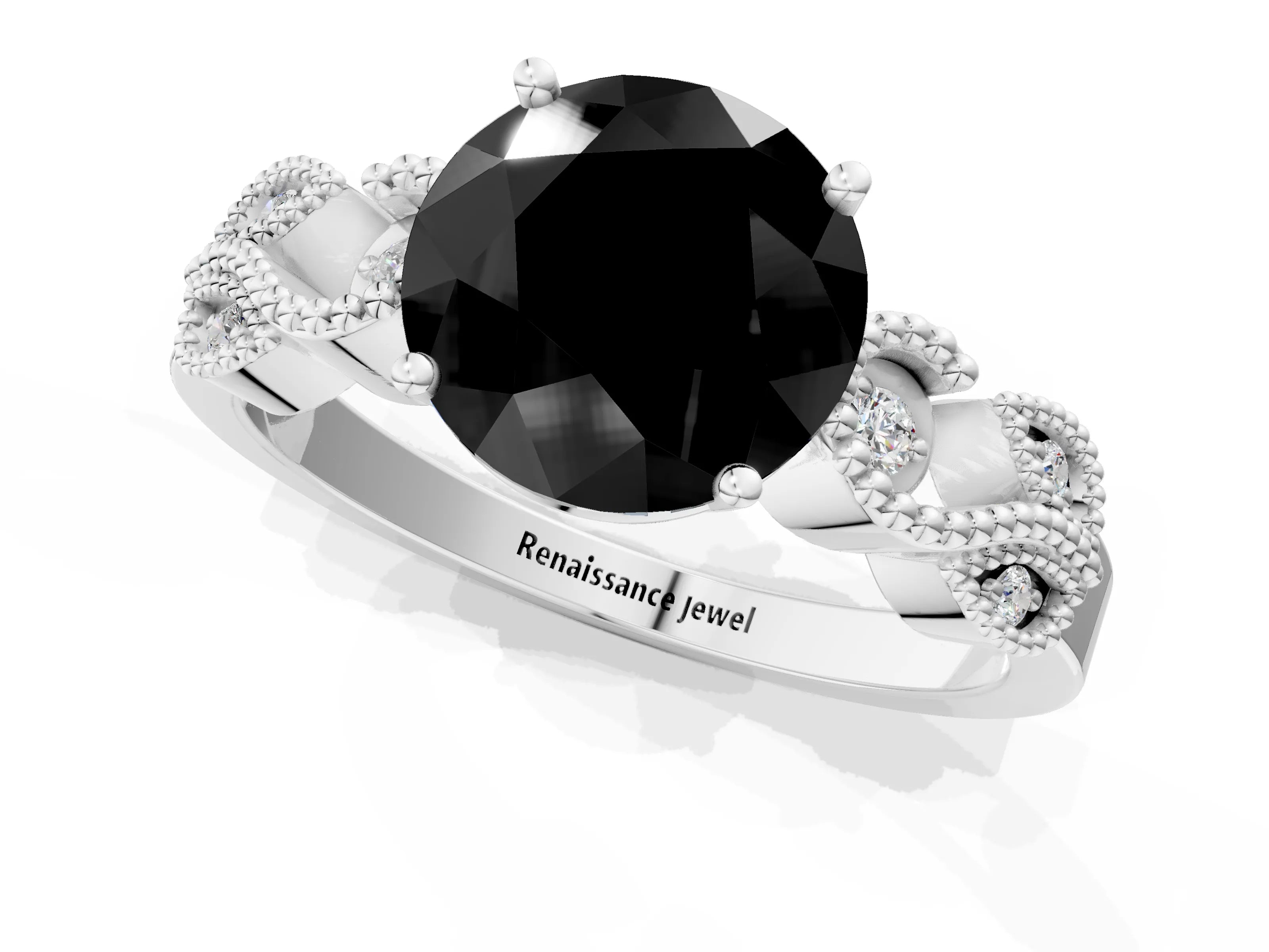 White gold Fancy Black Round Cut Solitaire Milgrain Leaf Band with Prong Setting_13