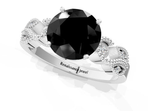 White gold Fancy Black Round Cut Solitaire Milgrain Leaf Band with Prong Setting_13