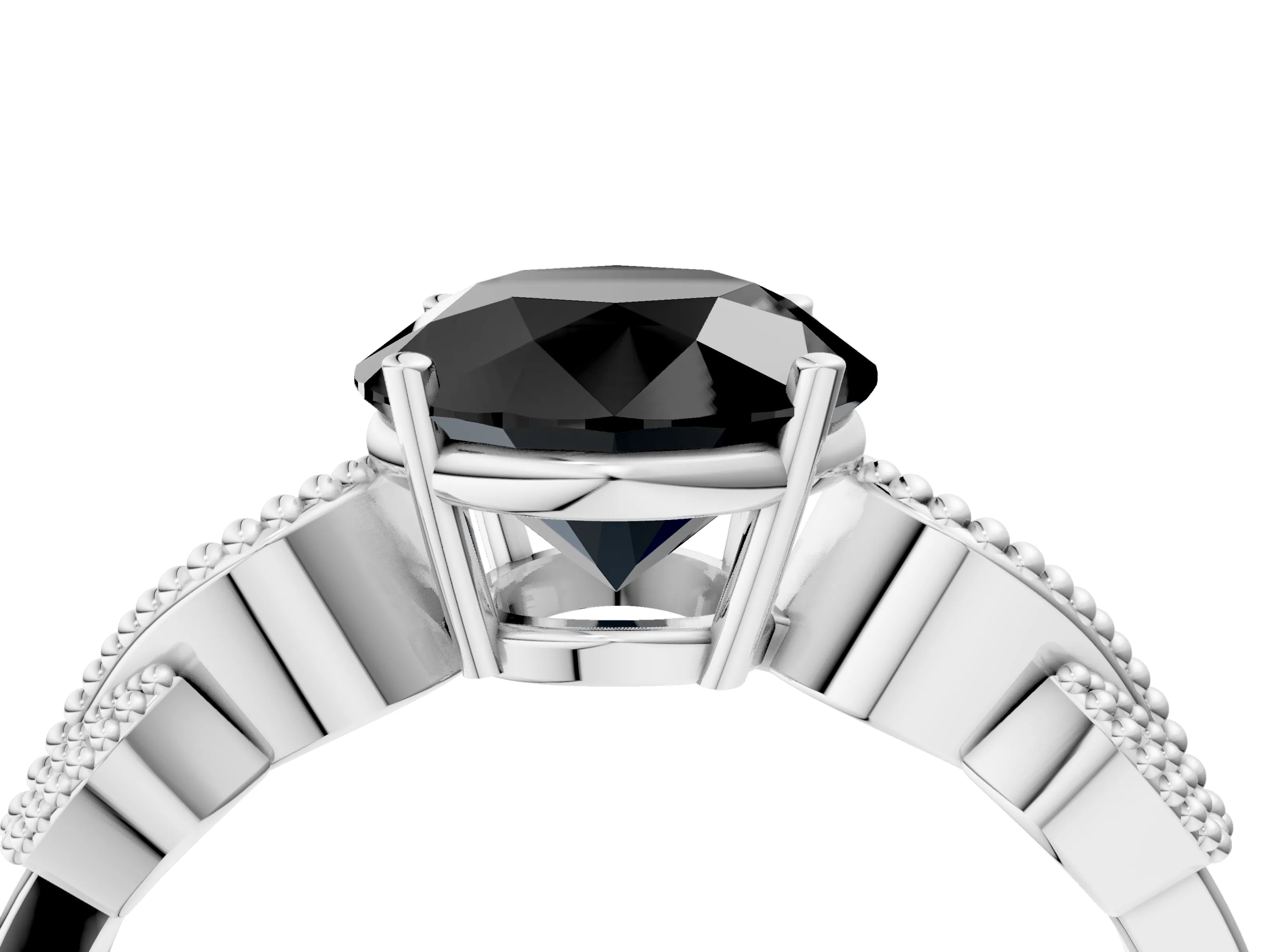 White gold Fancy Black Round Cut Solitaire Milgrain Leaf Band with Prong Setting_16