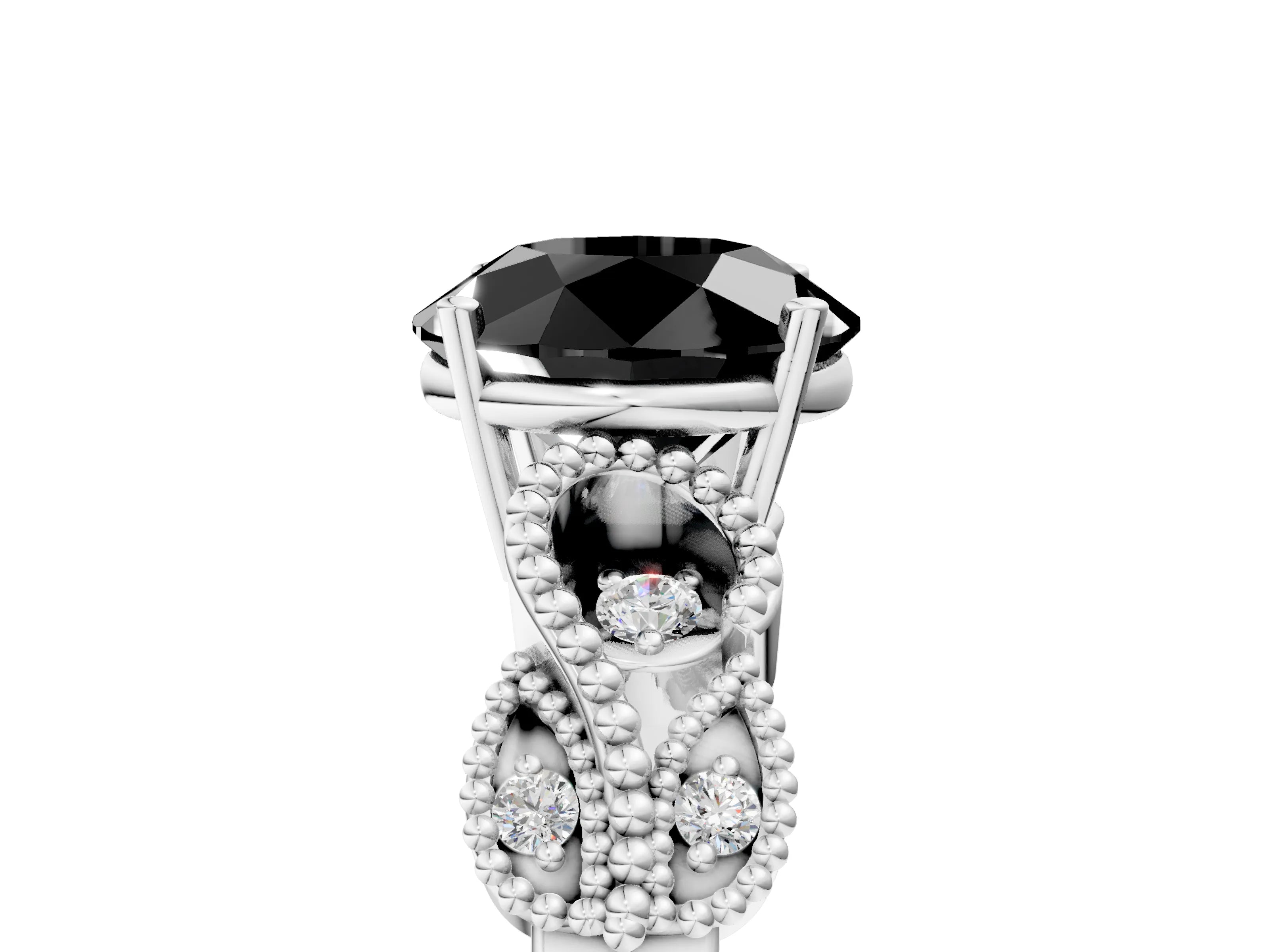 White gold Fancy Black Round Cut Solitaire Milgrain Leaf Band with Prong Setting_17