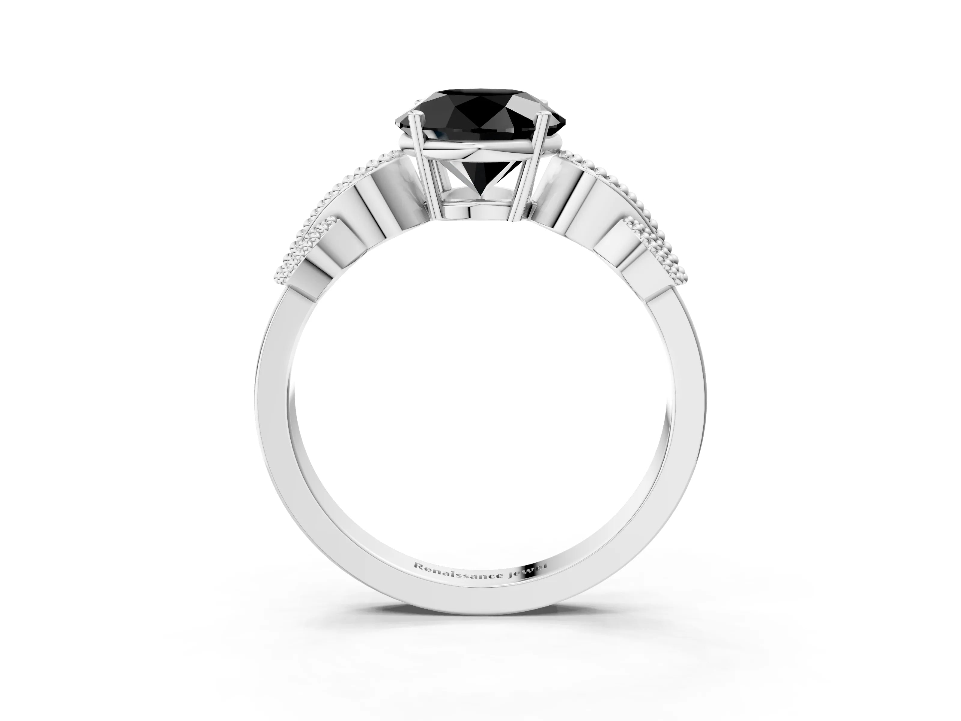 White gold Fancy Black Round Cut Solitaire Milgrain Leaf Band with Prong Setting_3