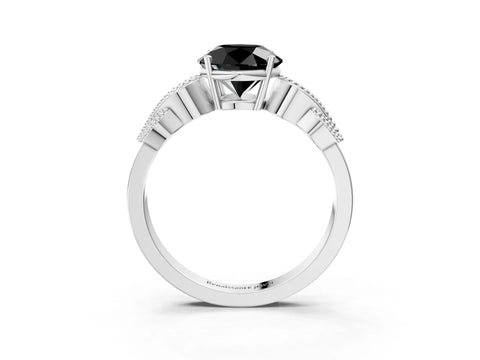 White gold Fancy Black Round Cut Solitaire Milgrain Leaf Band with Prong Setting_3