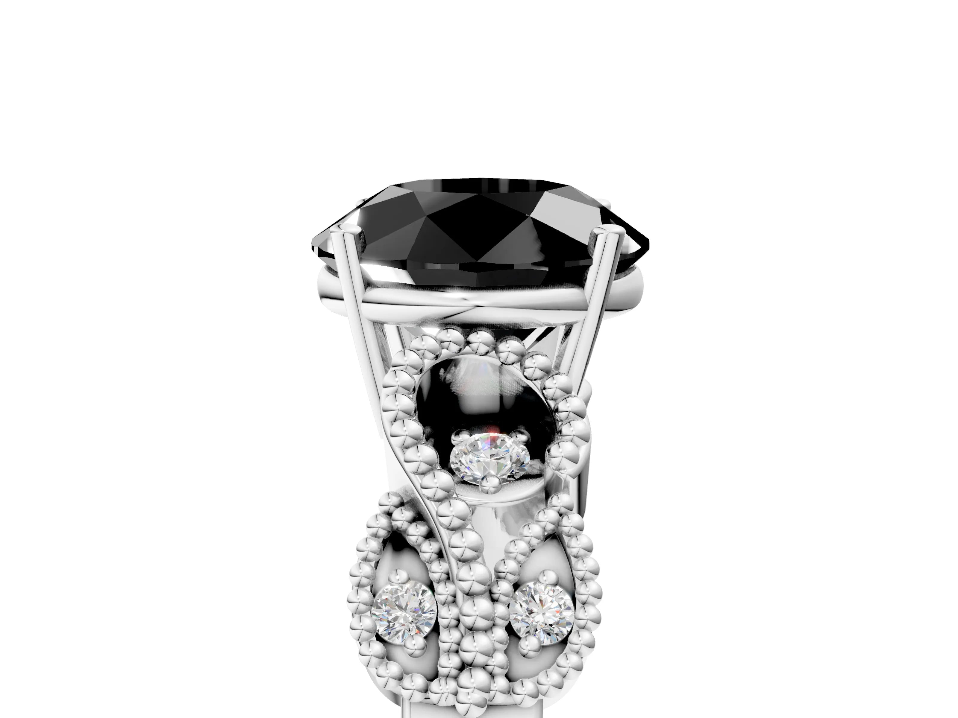 White gold Fancy Black Round Cut Solitaire Milgrain Leaf Band with Prong Setting_5