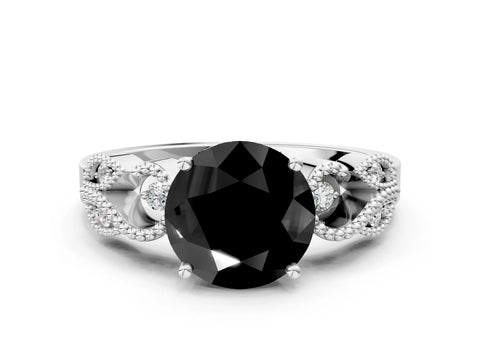 White gold Fancy Black Round Cut Solitaire Milgrain Leaf Band with Prong Setting