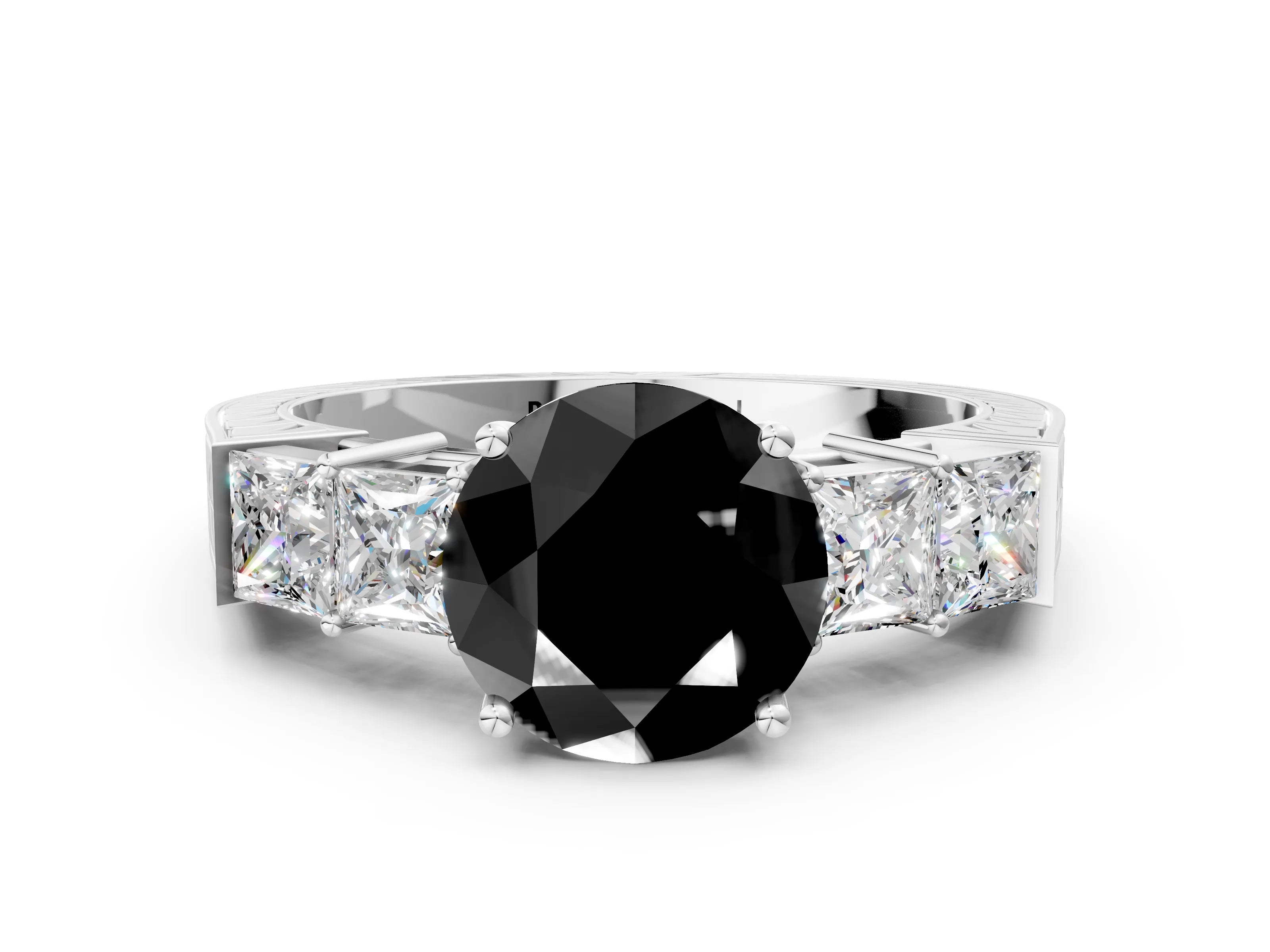 White gold Fancy Black Round Cut Solitaire Princess Side Stone Engraved Band Prong Setting Ring_12