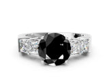 White gold Fancy Black Round Cut Solitaire Princess Side Stone Engraved Band Prong Setting Ring_12