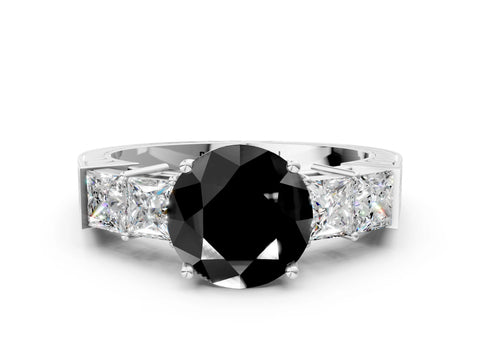 White gold Fancy Black Round Cut Solitaire Princess Side Stone Engraved Band Prong Setting Ring_12
