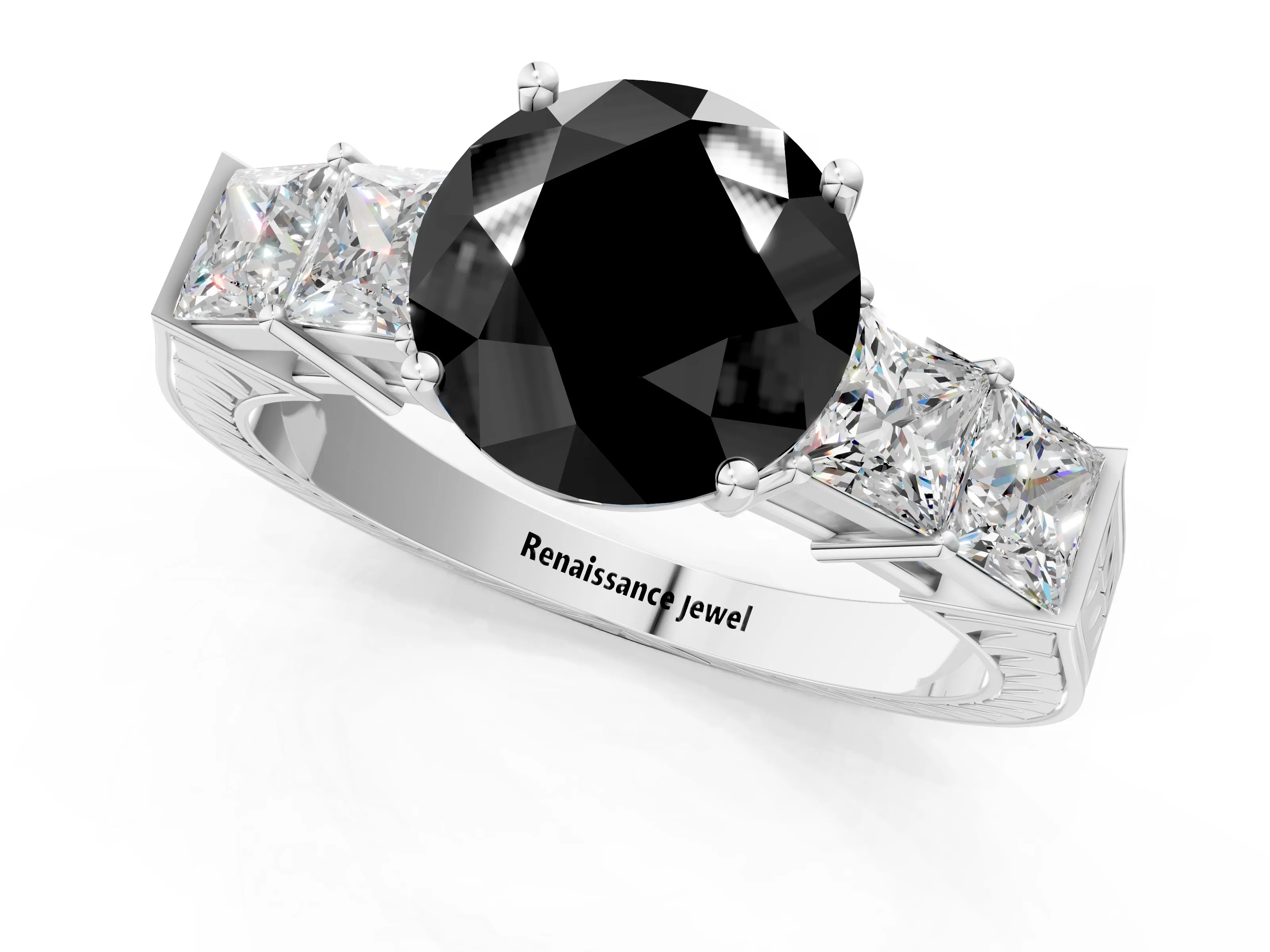 White gold Fancy Black Round Cut Solitaire Princess Side Stone Engraved Band Prong Setting Ring_13