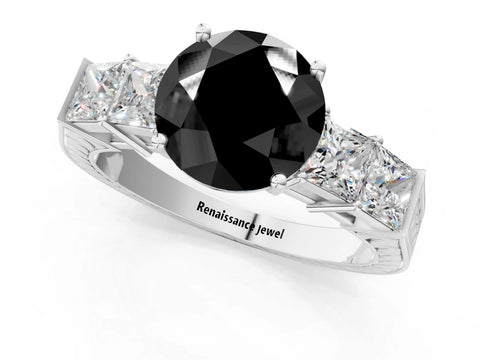 White gold Fancy Black Round Cut Solitaire Princess Side Stone Engraved Band Prong Setting Ring_13