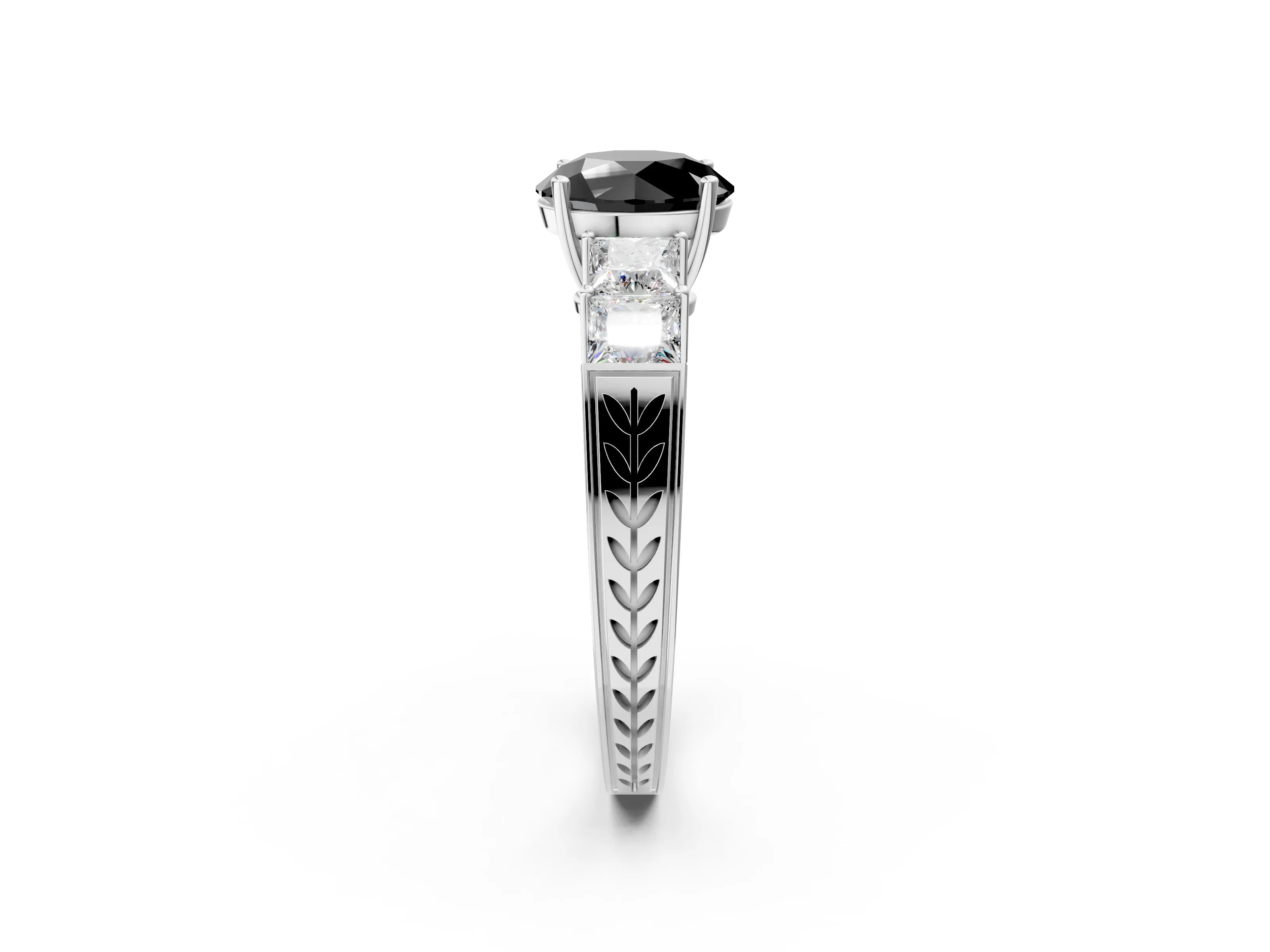 White gold Fancy Black Round Cut Solitaire Princess Side Stone Engraved Band Prong Setting Ring_14