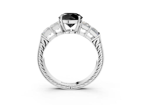 White gold Fancy Black Round Cut Solitaire Princess Side Stone Engraved Band Prong Setting Ring_15