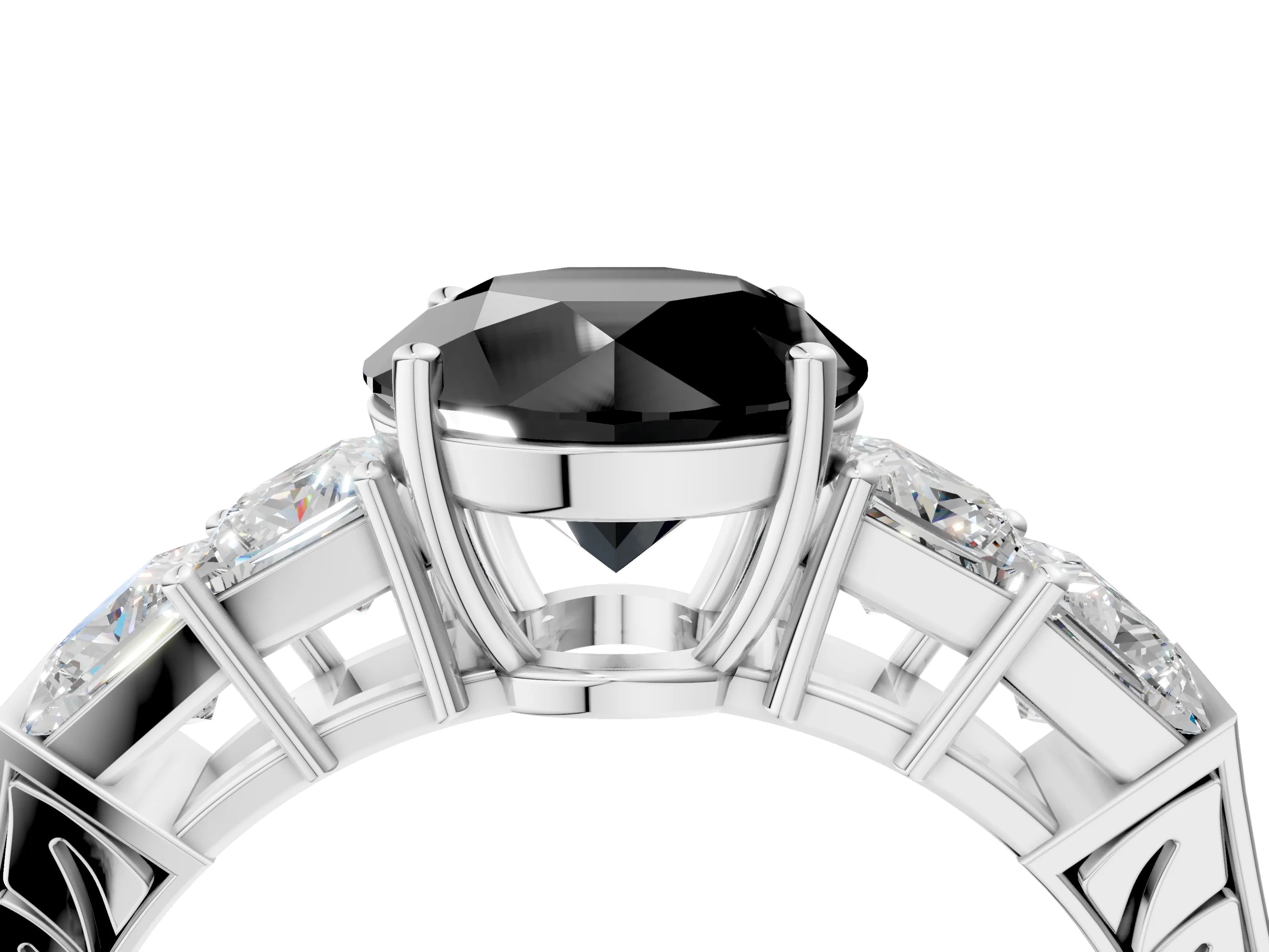 White gold Fancy Black Round Cut Solitaire Princess Side Stone Engraved Band Prong Setting Ring_16