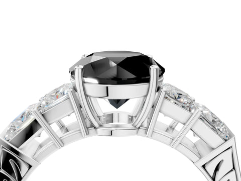 White gold Fancy Black Round Cut Solitaire Princess Side Stone Engraved Band Prong Setting Ring_16