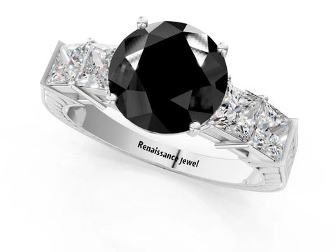 White gold Fancy Black Round Cut Solitaire Princess Side Stone Engraved Band Prong Setting Ring_1
