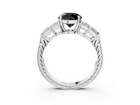 White gold Fancy Black Round Cut Solitaire Princess Side Stone Engraved Band Prong Setting Ring_21