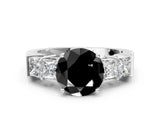 White gold Fancy Black Round Cut Solitaire Princess Side Stone Engraved Band Prong Setting Ring_36