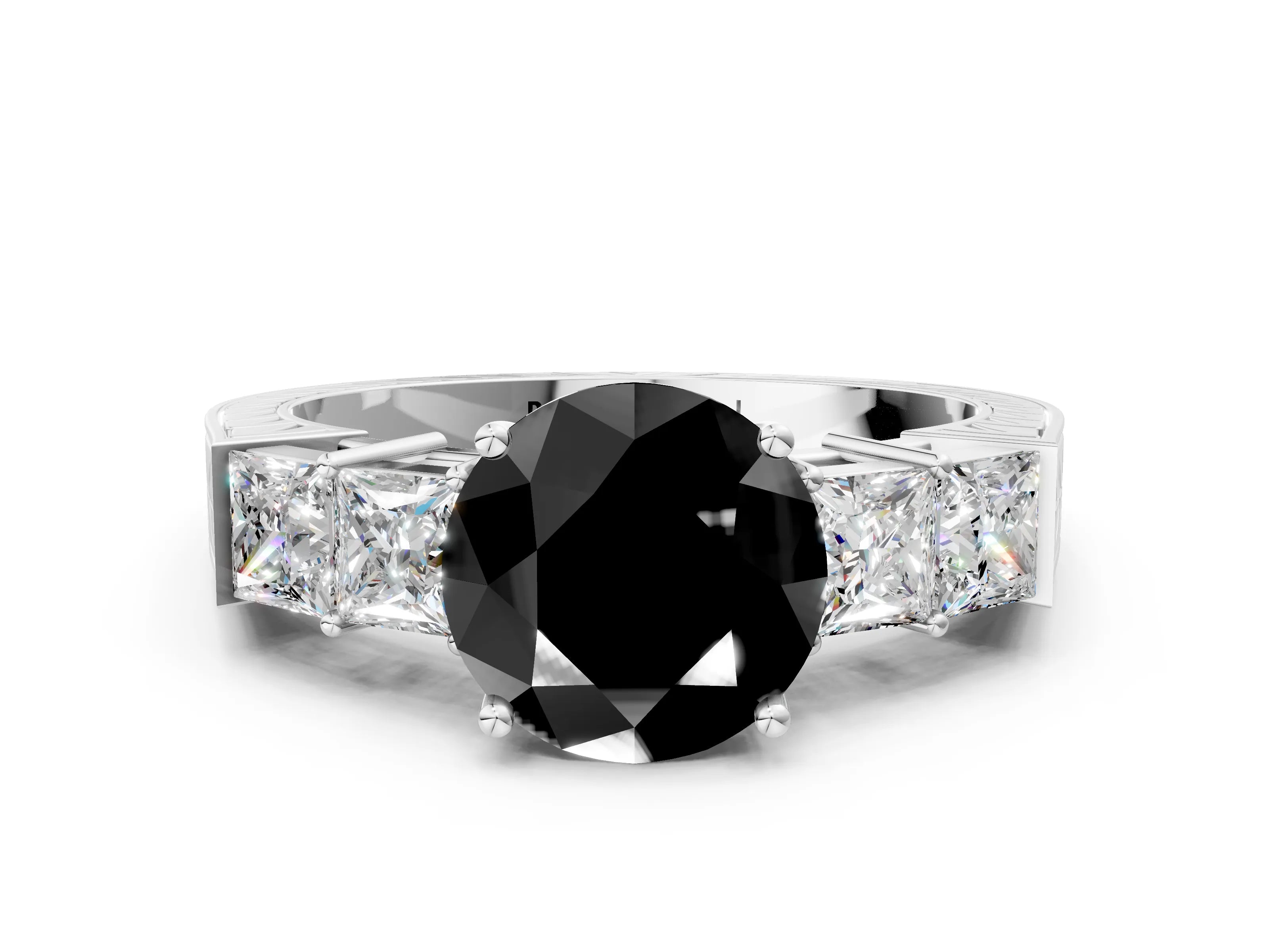 White gold Fancy Black Round Cut Solitaire Princess Side Stone Engraved Band Prong Setting Ring_36