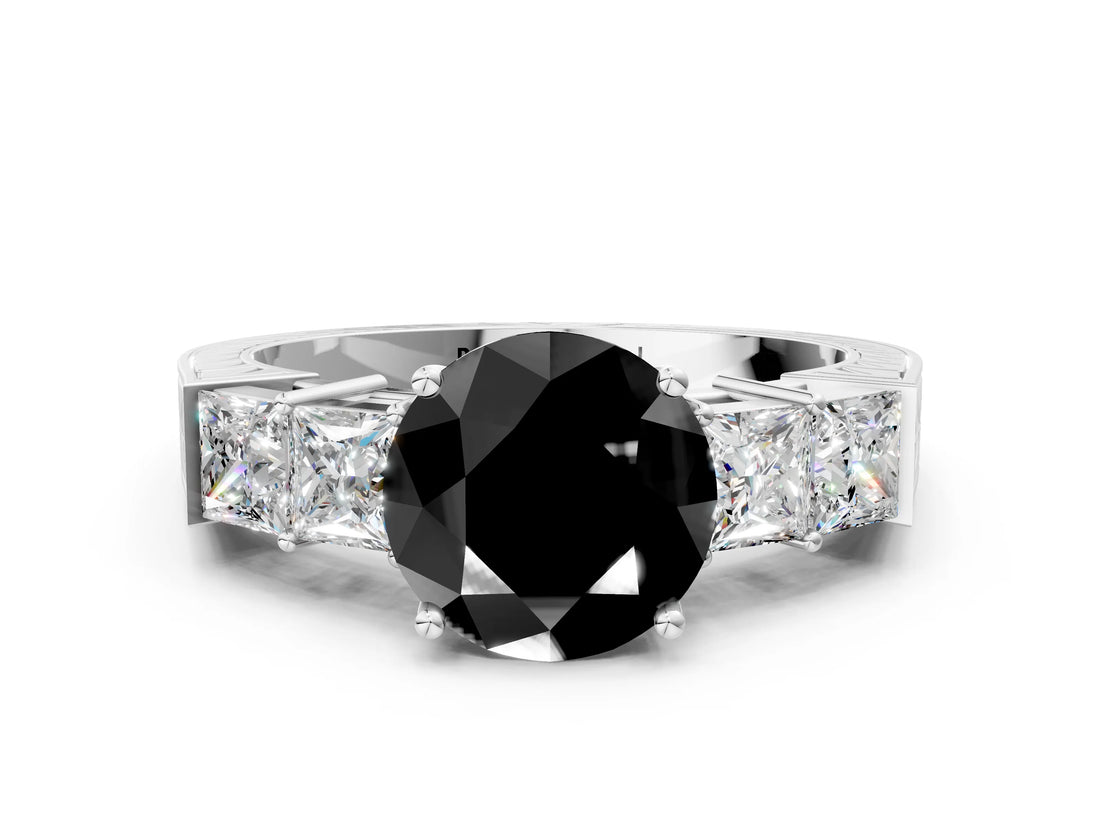 White gold Fancy Black Round Cut Solitaire Princess Side Stone Engraved Band Prong Setting Ring_36
