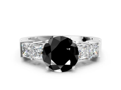 White gold Fancy Black Round Cut Solitaire Princess Side Stone Engraved Band Prong Setting Ring_36