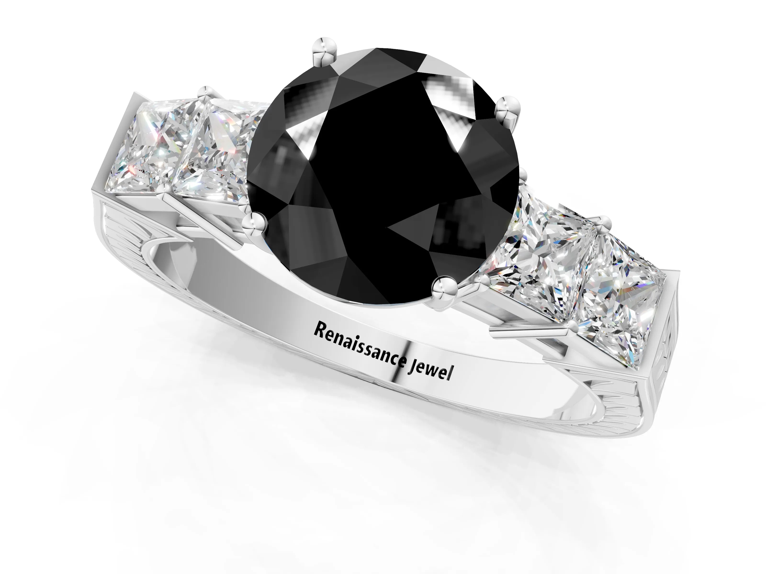 White gold Fancy Black Round Cut Solitaire Princess Side Stone Engraved Band Prong Setting Ring_37