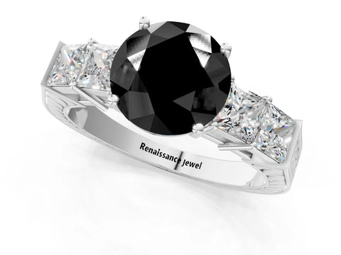 White gold Fancy Black Round Cut Solitaire Princess Side Stone Engraved Band Prong Setting Ring_37
