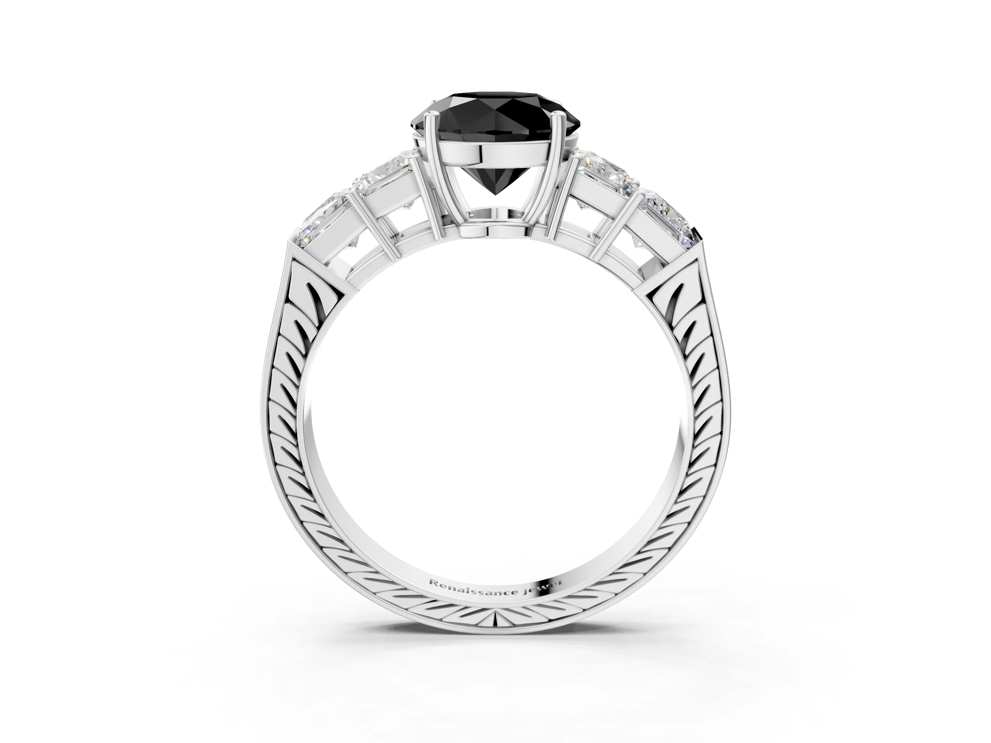 White gold Fancy Black Round Cut Solitaire Princess Side Stone Engraved Band Prong Setting Ring_39