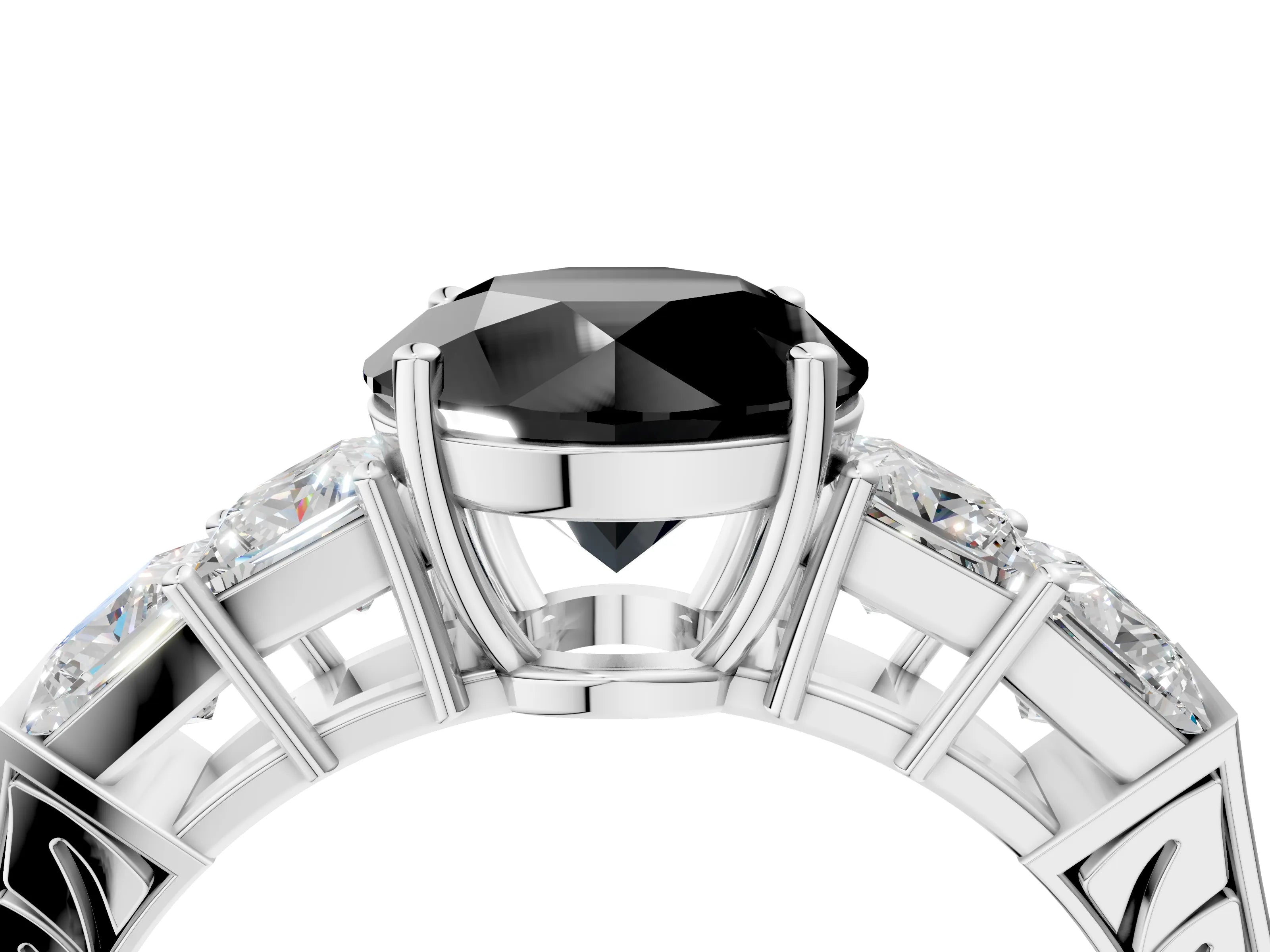 White gold Fancy Black Round Cut Solitaire Princess Side Stone Engraved Band Prong Setting Ring_40