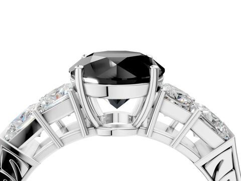 White gold Fancy Black Round Cut Solitaire Princess Side Stone Engraved Band Prong Setting Ring_40