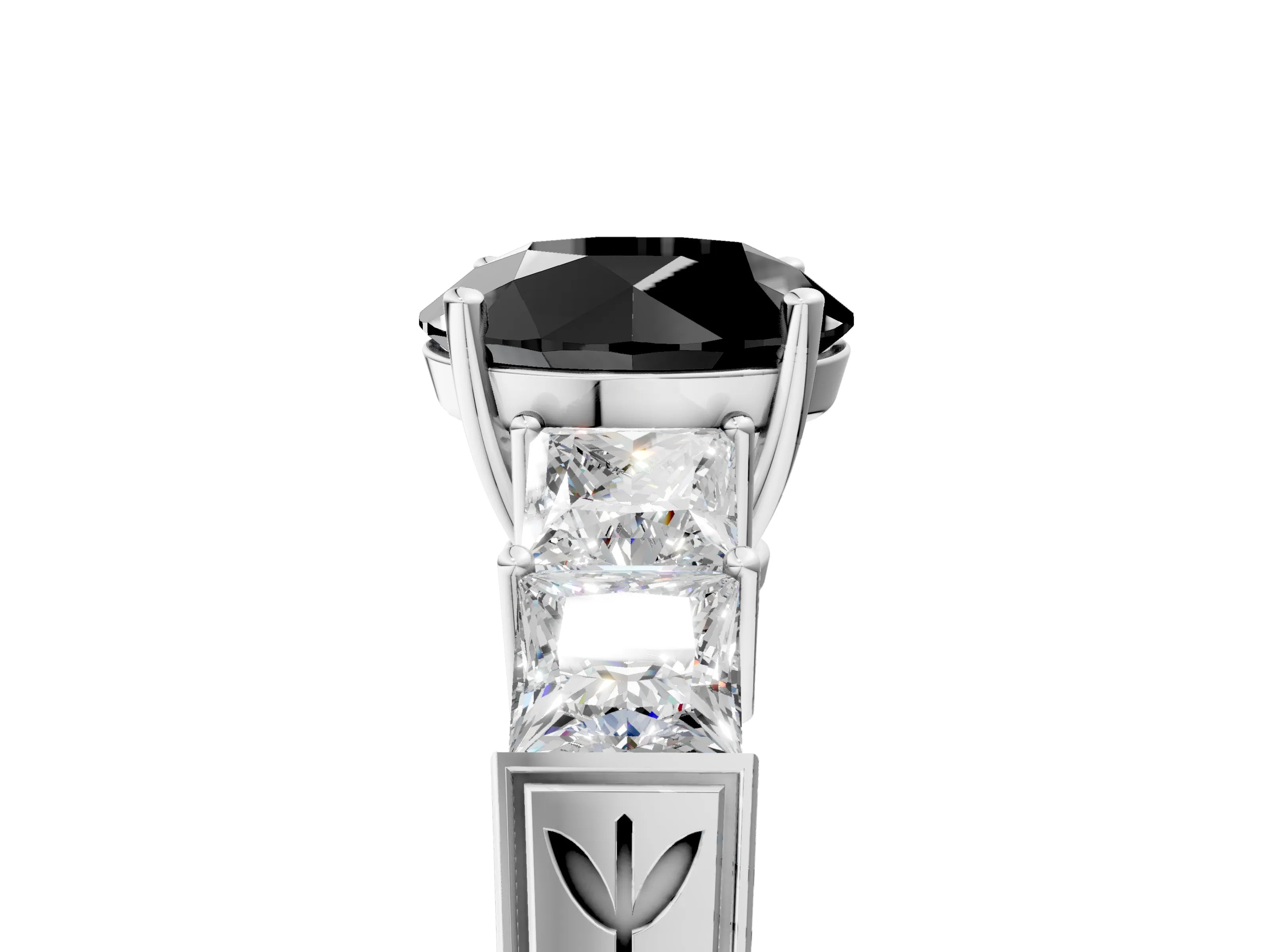 White gold Fancy Black Round Cut Solitaire Princess Side Stone Engraved Band Prong Setting Ring_41