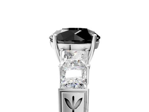 White gold Fancy Black Round Cut Solitaire Princess Side Stone Engraved Band Prong Setting Ring_41