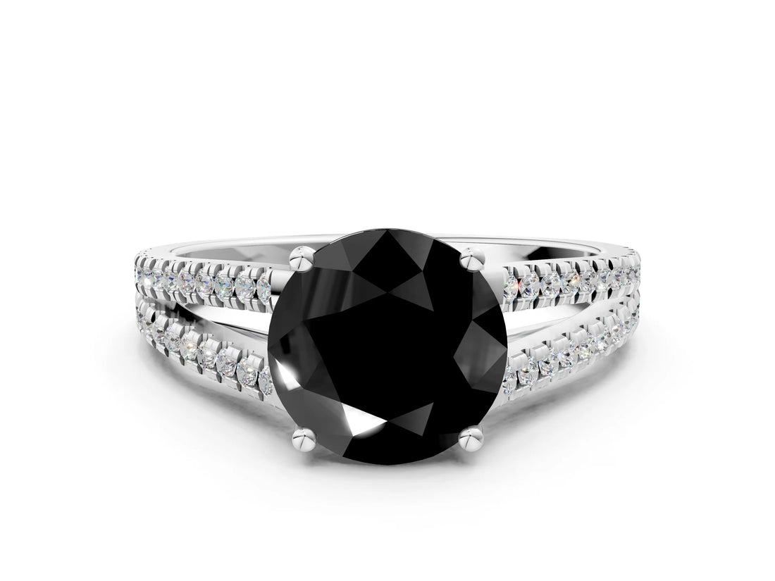 White gold Fancy Black Round Cut Solitaire Split Shank Pavé Diamond Engagement Ring