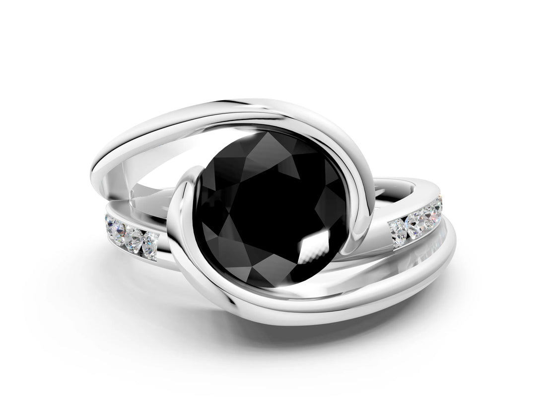 White gold Fancy Black Round Cut Solitaire Tension-Set Diamond Split Shank Ring