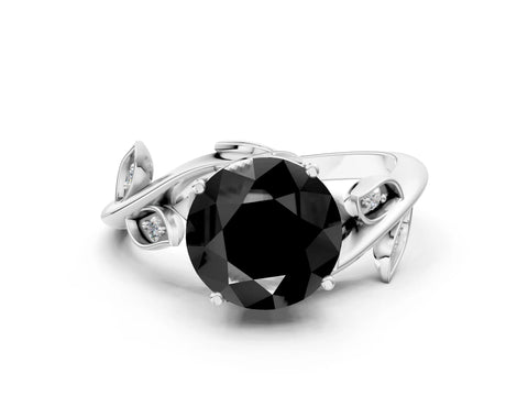 White gold Fancy Black Round Cut Solitaire Twist Engagement Ring with Leaf Accents and Prong Setting_12