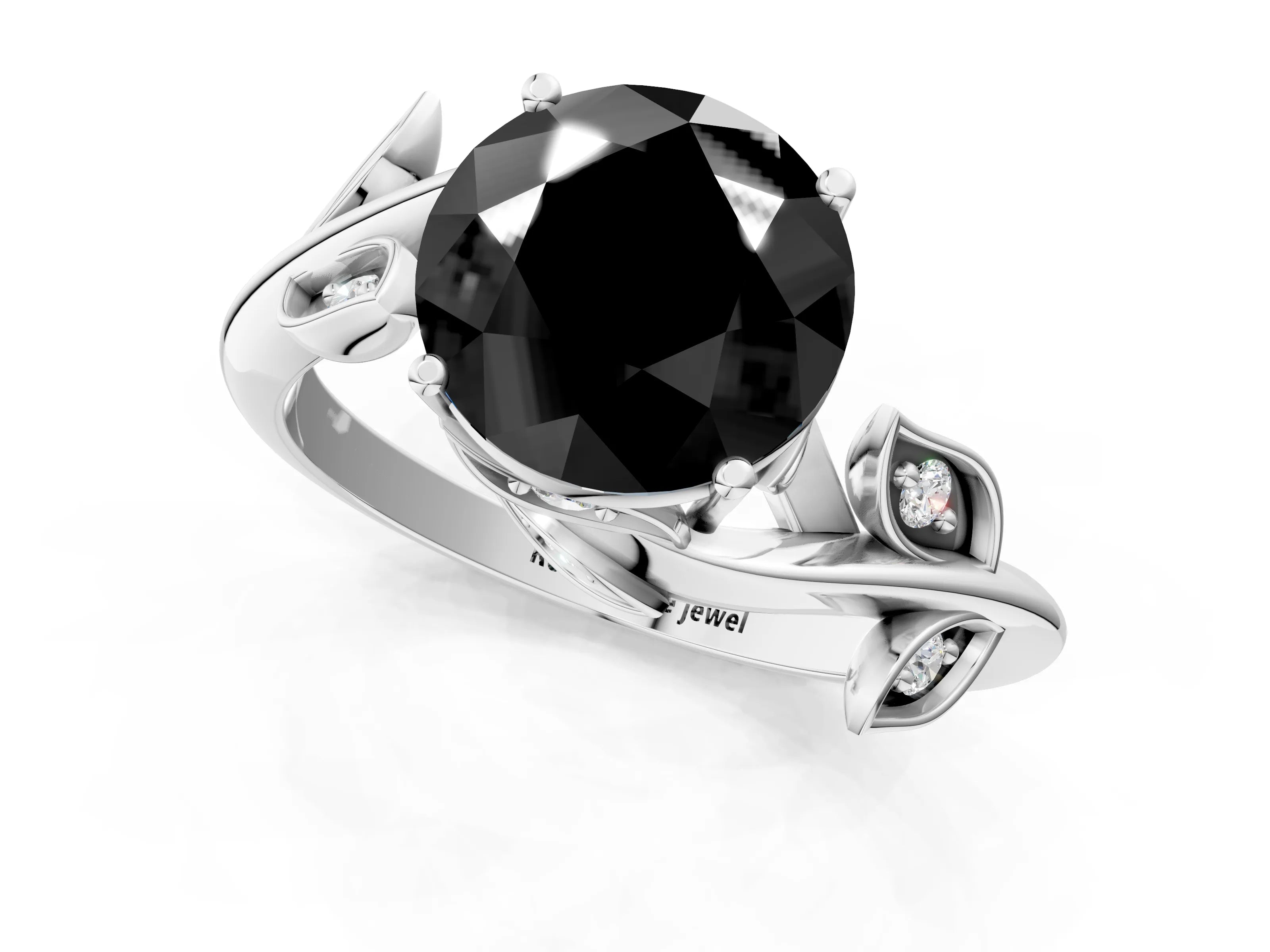 White gold Fancy Black Round Cut Solitaire Twist Engagement Ring with Leaf Accents and Prong Setting_13