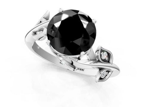 White gold Fancy Black Round Cut Solitaire Twist Engagement Ring with Leaf Accents and Prong Setting_13