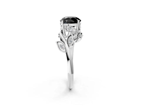 White gold Fancy Black Round Cut Solitaire Twist Engagement Ring with Leaf Accents and Prong Setting_14