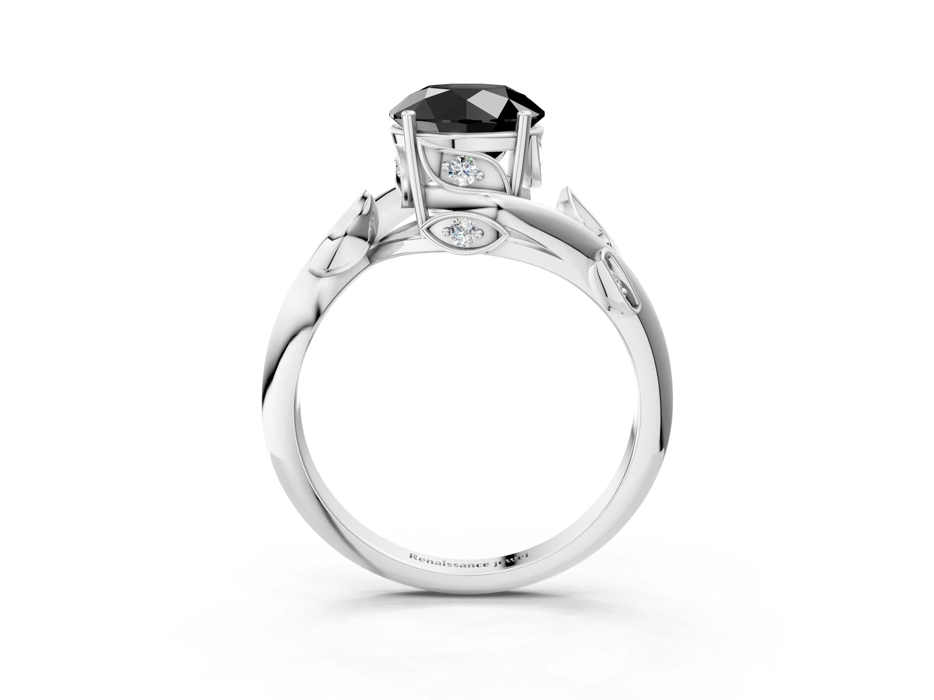 White gold Fancy Black Round Cut Solitaire Twist Engagement Ring with Leaf Accents and Prong Setting_15